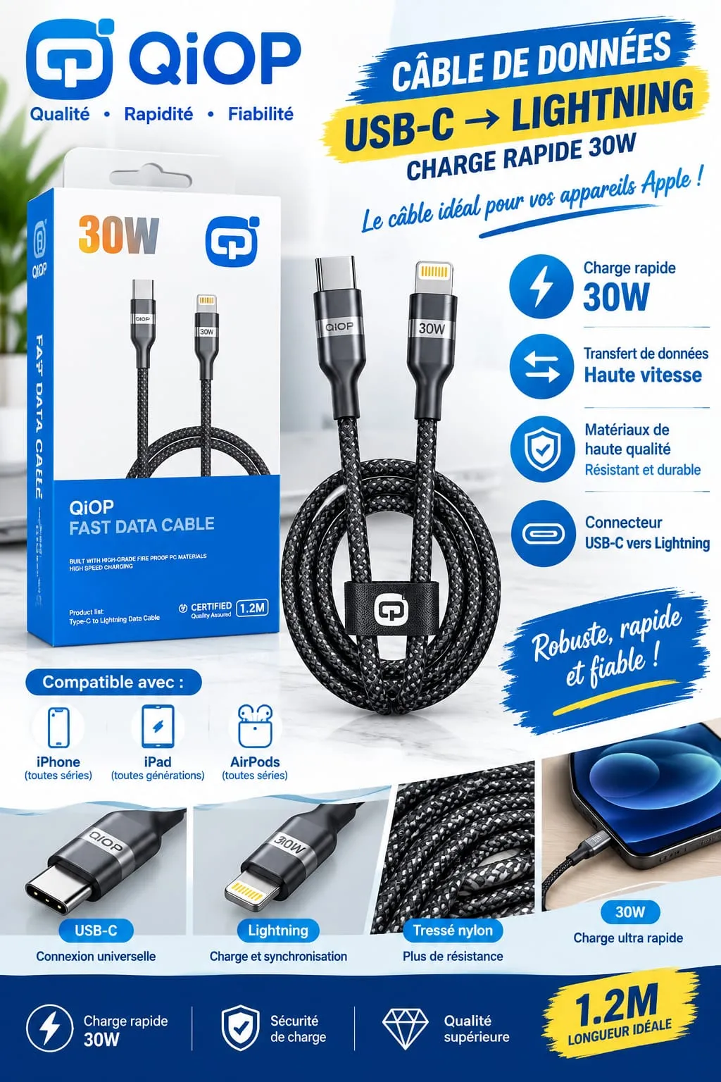 Câble QiOP USB-C vers Lightning – Charge Rapide 30W (1.2m)